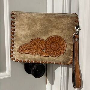 Western Cowhide Leather Wristlet Clutch Tooled Floral Sunflower Boho